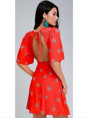 Free People Orange Floral Mini Dress Open Back Boho Festival A Line Lace V Neck